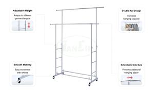 Perchero Doble Moderno y Minimalista con Ruedas, Perchero Metálico Ajustable para Dormitorio - Product Image 3