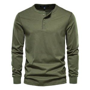 Men's Olive Green Long Sleeve <b>Henley</b> <b>Shirt</b> Regular Fit 100% Cotton Knitted Casual Button Up Collar Autumn Wear - Product Image 1
