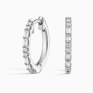Lab Grown Diamond Baguette & Round Hoop Earrings Classic <b>Huggie</b> Style 10K 14K 18K Gold 925 935 <b>Silver</b> Wedding Engagement Gift - Product Image 3