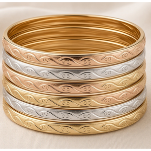 ORO-Z Traditional Unique Three Tone Gold Plated <b>Bangle</b> Elegant <b>Engraved</b> Geometric Pattern Women's Anniversary Premium Fashion - Product Image 4