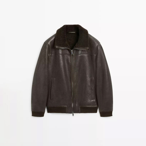 Chaqueta de Cuero Genuino para Hombre, Estilo Motero, Cuello Alto, Cierre de Cremallera, Impermeable, Resistente al Viento, Forro de Piel Sintética, Logotipo Delantero y Trasero, Corte Regular, Invierno - Product Image 2