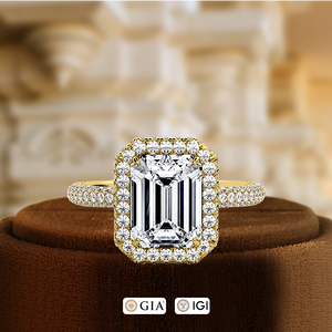 แหวนหมั้นเพชรเม็ดเดี่ยวทรงมรกต 1 กะรัต เพชรเพาะเลี้ยงในห้องปฏิบัติการ ตัวเรือนทองคำแท้ 14k แบบ 3D Pave แหวนเจ้าสาว แหวนแต่งงานเพชรแบบ Halo Full Pave - Product Image 3