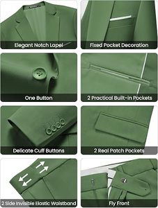 Traje de 3 Piezas para Hombre, Estilo Británico, Verde, Viscosa/Poliéster, Blazer, Chaleco y Pantalones, Cierre de un Botón, Antiarrugas, para Negocios y Bodas - Product Image 2