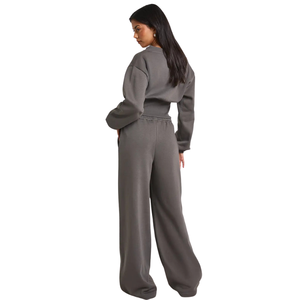 Ensemble de survêtement décontracté deux pièces pour femme : sweat-shirt court à col en V et pantalon de jogging en molleton, coupe décontractée, taille élastique, jambe large, tenue de sport - Product Image 2