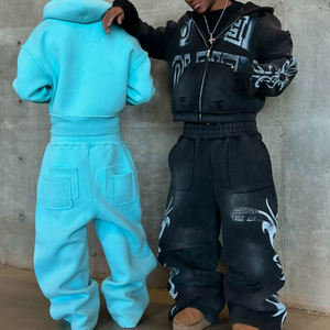 Conjunto de Sudadera con Capucha y Pantalones Acampanados con Efecto Ácido, Estampado Personalizado, Lavado a la Piedra, con Cremallera - Calificación de la tienda: - Product Image 2