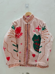 Hand Embroidered <b>Velvet</b> <b>Jacket</b> With Floral And Animal Motifs Mandarin Collar Full Sleeve Autumn Women's Coat - Product Image 5
