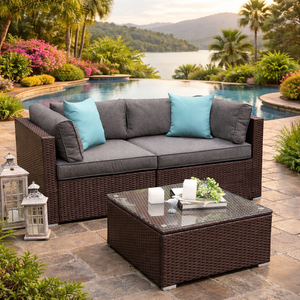 Conjunto de Sofás de Mimbre para Patio, Resistente a la Intemperie, con Mesa de Vidrio Templado, Diseño Moderno para Decoración de Hoteles y Piscinas - Product Image 1