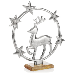 Escultura de Reno de Aluminio Plateado Hecha a Mano con Base de Madera, Estatua Moderna de Ciervo con Aro de Estrella Navideña de Metal, Decoración de Mesa - Product Image 1
