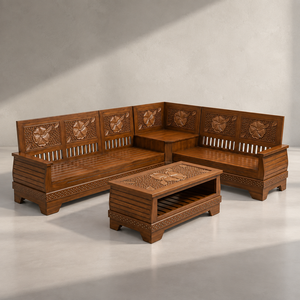 Juego de Sofás Esquineros en Forma de L de Madera Maciza Tallada Tradicional con Mesa de Centro y Patrón Floral para Sala de Estar - Product Image 1