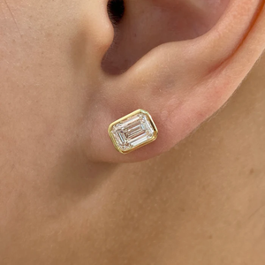 Minimalist Bezel Set <b>Emerald</b> Cut Lab Diamond Earrings 10K 14K 18K Yellow Gold Solitaire Diamond <b>Studs</b> For Women Custom Jewelry - Product Image 4