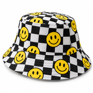 Chapeau Bob Unisexe à Carreaux avec Visages Souriants Jaunes – Casquette Décontractée Printemps-Été pour Adulte en Polyester et Toile à Impression Numérique - Product Image 3
