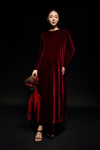 Robes décontractées en velours mi-longues, tissées unies, teintes, à taille ample, respirantes, élégantes, à col rond, manches classiques, de luxe, fabriquées au Vietnam - Product Image 5