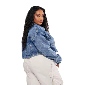 <b>Spark</b> Clothing Women's Cropped Denim <b>Jacket</b> Blue Turn Collar Button Closure Trucker Style Full Sleeve Waterproof Spring Washed - Product Image 2