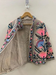 Veste Courte Bohème en Lin et Coton Brodé Floral, Col Mandarin, Manches Chauve-Souris, Décontractée pour Femme – Collection Printemps - Product Image 2