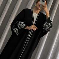 Collection d'abayas pour femmes, robe islamique musulmane modeste, élégante, noire et rose, brodée, longueur maxi, manches longues, coupe ample, ouverte sur le devant
