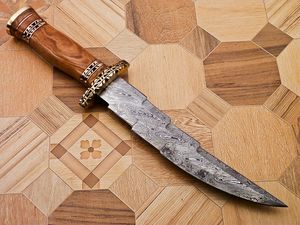 Cuchillo Bowie de Caza Multifuncional de Hoja Fija de Acero de Damasco Hecho a Mano con Mango de Madera, OEM/ODM Disponible, Personalizable - Product Image 2