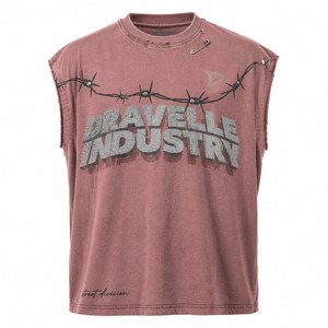 Camiseta sin mangas Y2K al por mayor, estilo muscle fit, de algodón lavado, estilo streetwear, con gráfico de alambre de púas y logo estampado en relieve - Product Image 3
