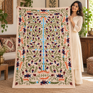 Couvre-lit en coton Suzani fait main de luxe, beige pêche, broderie florale olive, style bohème, décoration ethnique indienne pour la maison - Product Image 4