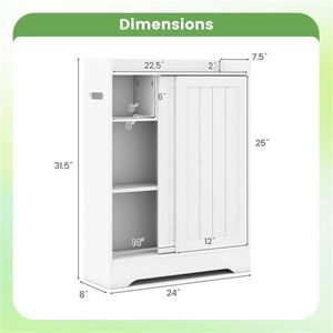 Armoire de rangement de salle de bain Slim White 24''x8''x31.5'' avec 2 portes coulissantes et 2 étagères réglables, dotée de supports pour papier toilette/brosses - Product Image 3