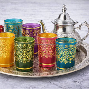 Service à thé marocain/arabe de luxe multicolore, 6 verres, un plateau, une théière, dans un coffret cadeau - Product Image 1