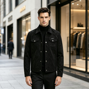 <b>Men's</b> Black <b>Suede</b> <b>Shirt</b> Jacket Turn Down Collar Button Up Casual Coat - Product Image 2