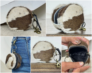 New Arrival 2026 Real Hair on Cowhide Leather Coin <b>Purse</b> Keychain Mini Round Shape Zipper Pouch For Coins, Key & <b>Small</b> Essential - Product Image 3
