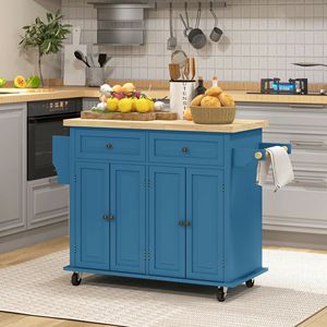 Isola da Cucina Moderna Portatile su Ruote con Piano in Rovere Turchese e MDF, Portaspezie, Portasciugamani e Cassetti - Product Image 2