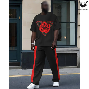 Nuevo conjunto informal para hombre de talla grande con estampado digital 3D de rosas rojas, camiseta de cuello redondo de manga corta y pantalones largos con cordón ajustable. - Product Image 5