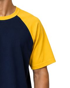เสื้อยืดแขนสั้นคอกลมสีกรมท่าและเหลืองสำหรับผู้ชาย ผ้าฝ้าย สไตล์ลำลอง สตรีทแวร์ ตัดต่อสี  รับผลิตตามแบบ - Product Image 4