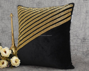 Luxury Black <b>Gold</b> Beaded <b>Throw</b> Pillow Cover Geometric Stripe Embellished Cushion Velvet Home Accent - Product Image 2