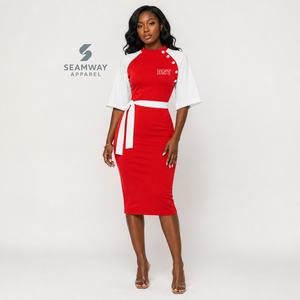 Delta |   Sigma |   Vestido Midi Ajustado de Mujer Theta con Bloques de Color en Contraste Rojo y Blanco, Manga Capa, Detalle de Botones y Lazo en la Cintura - Product Image 6