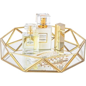 Modern Luxury Polygon <b>Mirrored</b> Storage <b>Tray</b> With Gold Frame For Jewelry And Cosmetics Display - Product Image 3