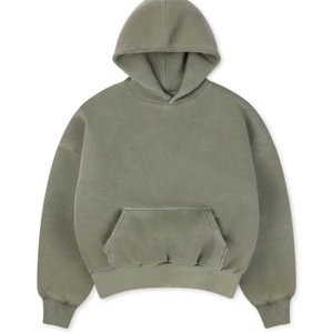 Sweat à capuche vintage surdimensionné en molleton lavé couleur olive, personnalisé OEM, en coton épais uni - Product Image 1