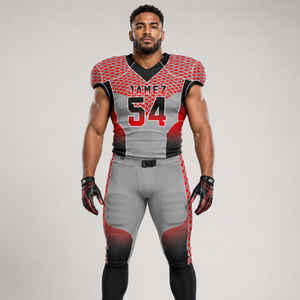 Uniforme de football gris et rouge pour hommes, ensemble maillot et pantalon de football américain à dégradé rouge et noir sur les épaules, personnalisable pour équipe - Product Image 1