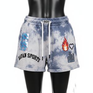 Shorts en molleton de coton premium 320 GSM gris bleu délavé, tissu doux avec logo brodé en chenille personnalisé, shorts pour femmes - Product Image 1