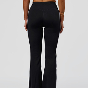 Leggings de Yoga de Cintura Alta con Pierna Ancha y Franja Lateral, Color Negro Sólido, Largos, Sin Costuras, Elásticos en Cuatro Direcciones, Pantalones Deportivos - Product Image 6