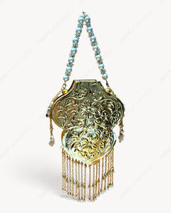 Handmade Gold Metal Clutch Bag Embossed Floral Design Pearl Handle Tassel Fringe Antique Eco-Friendly Fashion Minaudiere Women - Product Image 3