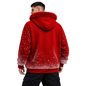 Sweat à capuche zippé pour homme, rouge, avec impression personnalisée, capuche en fourrure, polaire d'hiver, style streetwear, avec motif à pois dégradé - Product Image 5