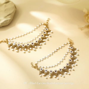 Gold Matte Polish Ear Chains with Pearls-Fashion Earrings - Product Image 2