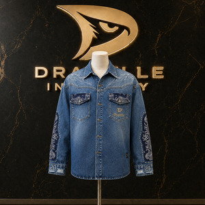 Wholesale Bleached Blue Cotton Chambray Shirts With Bandana Insignia For Roomy Unisex Streetwear Graphic <b>Badge</b> Factory - Product Image 1