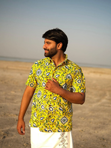 Yellow Cotton Sanganeri Hand Block Printed <b>Half</b> Sleeve <b>Shirt</b> for Men Casual Summer Beach Wear Floral <b>Shirt</b> - Product Image 2