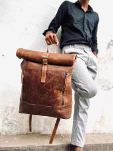 Handcrafted Leather Roll Top Backpack Retro Cowhide Travel Rucksack Mens Office <b>Bag</b> Waterproof Laptop <b>Pack</b> LTBP-0054 - Product Image 2