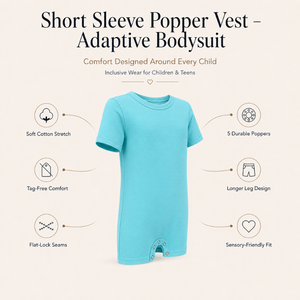 Body de Baño Aqua Blue Popper |   Ropa Sensorial Especial para Niños, Prendas Inclusivas de Manga Corta, Algodón Elástico, Adaptables, Suaves y Cómodas - Product Image 5