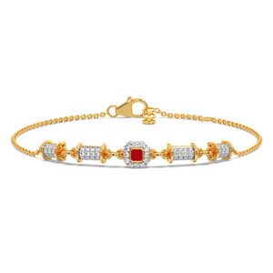 <b>Red</b> Center Diamond Link <b>Bracelet</b> with Yellow Gold Chain and Geometric Halo Bar Design - Product Image 2