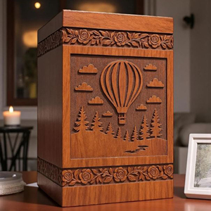 Handcrafted Wooden Cremation Urn: Hot Air Balloon & Floral Carving, Personalized Memorial urn Memorial Keepsake by AYAANS - Product Image 2