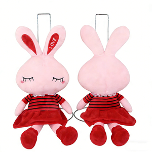 Peluche lapin endormi personnalisée, poupée lapin brodée avec inscription « love », lapin en peluche à longues oreilles roses, lapin fille en robe rouge - Product Image 1