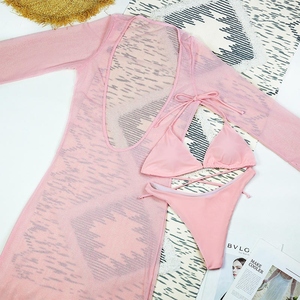 JSN Custom Logo Halter Neck Three Piece Set Swimdress Sexy Mesh Long Sleeve Long <b>Skirt</b> Women's <b>Split</b> - Product Image 3