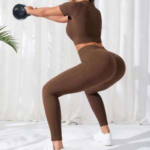 Conjunto de Yoga Sólido con Cuello en V, Sin Mangas, Leggings de Cintura Alta, Elásticos, Resistentes a las Arrugas y Transpirables - Product Image 4