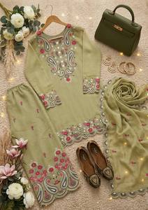 Salwar Kameez Tradicional para Mujer, Color Verde Claro y Rosa, Bordado, Largo hasta el Tobillo, Algodón, Ropa Casual, Vestido Étnico de India y Pakistán - Product Image 6