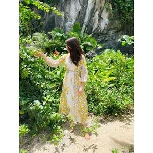 เดรสยาวผ้าฝ้ายแท้เนื้อนุ่ม น้ำหนักเบา ระบายอากาศได้ดี คอวี แขนพอง ลายมัดย้อม สีสันปรับแต่งได้ 100% ระบายอากาศได้ดี - Product Image 2